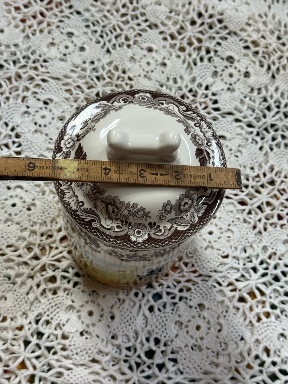 Spode Ceramic Canister with Brown Floral Border and Scenic Dog Motif